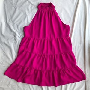 1.State Tiered Halter Swing Dress Fuchsia Sleeveless Keyhole Ruffle Knee Length